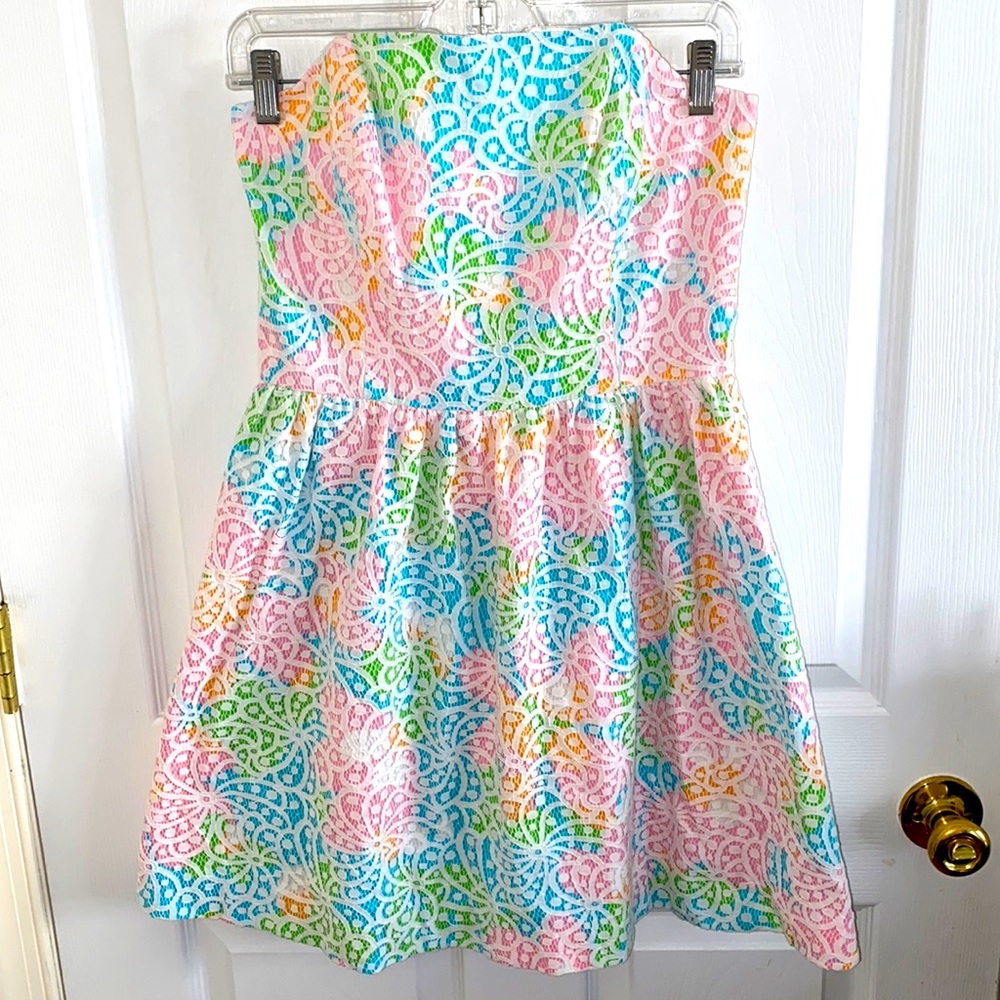 Lilly Pulitzer Strapless Dress in Pink, Blue, Green, and Yellow